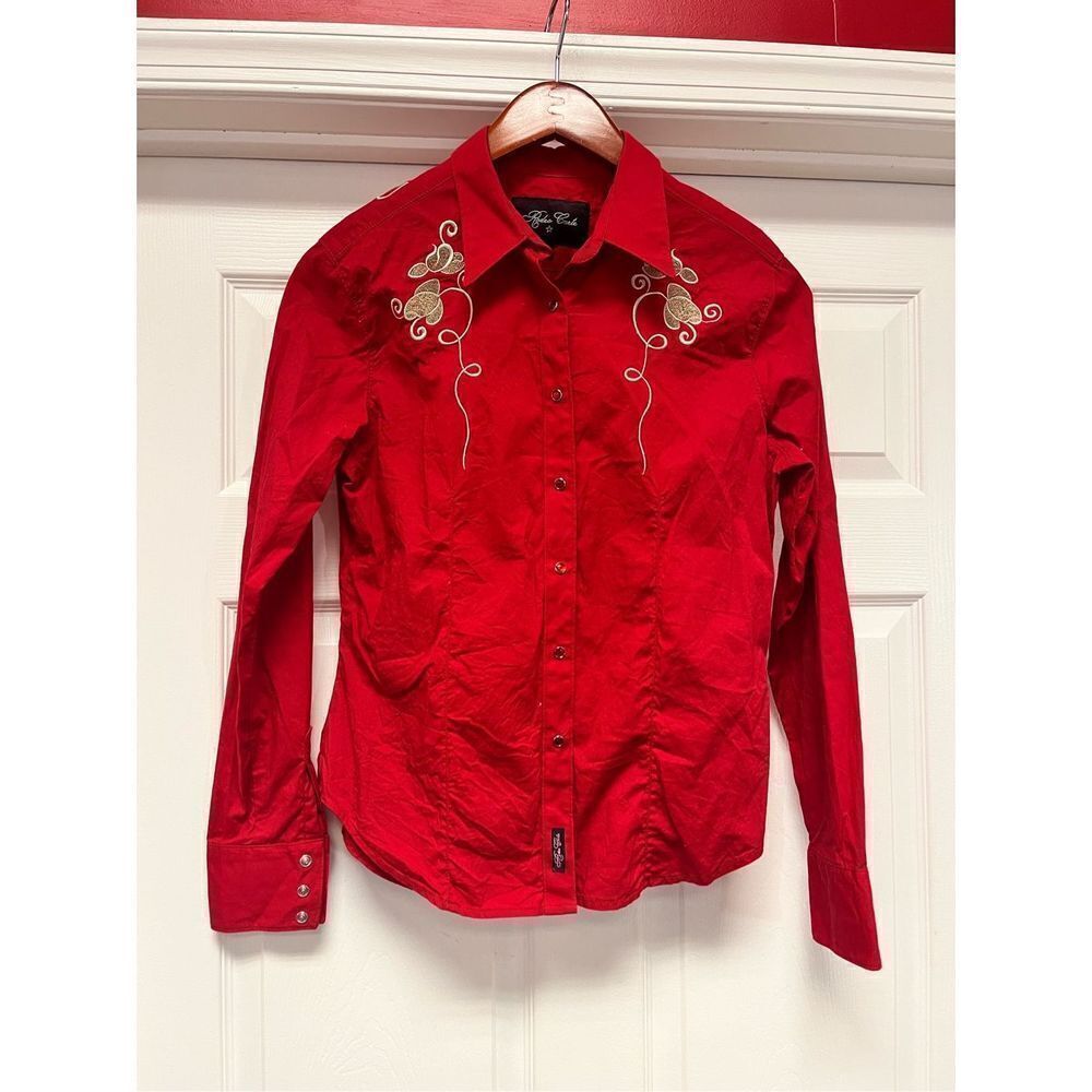 Rodeo Carte Red Pearl Button Snap Embroidered Button Down Shirt sz L EUC